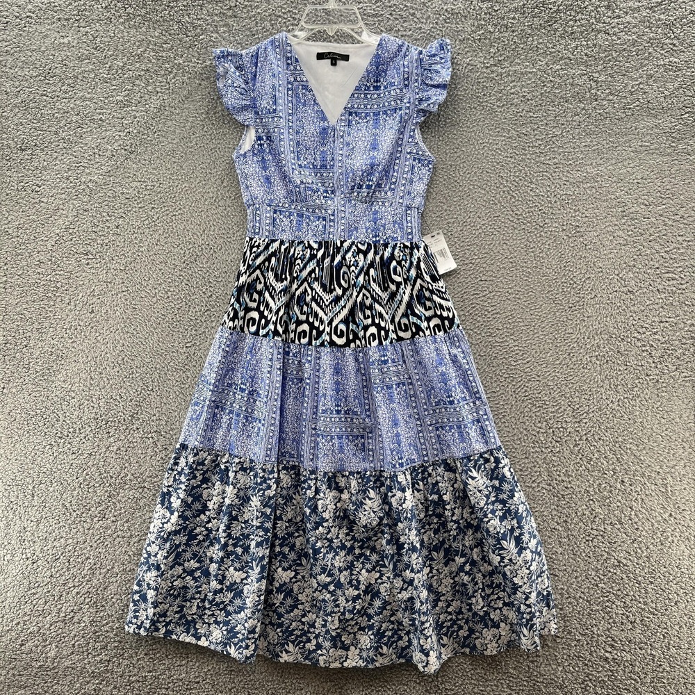 Calessa Dress Small Blue Floral Boho Tiered Ruffle Long Midi Maxi Preppy Cottage